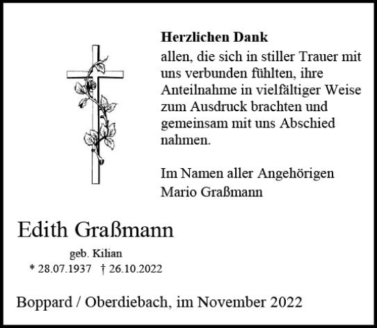 Traueranzeige von Edith Graßmann von vrm-trauer Allgemeine  Zeitung Ingelheim-Bingen