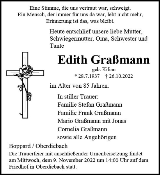 Traueranzeige von Edith Graßmann von vrm-trauer Allgemeine  Zeitung Ingelheim-Bingen