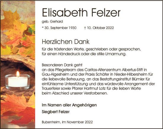 Traueranzeige von Elisabeth Felzer von vrm-trauer Allgemeine  Zeitung Ingelheim-Bingen