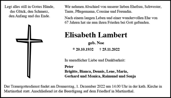 Traueranzeige von Elisabeth Lambert von vrm-trauer Wiesbadener Kurier