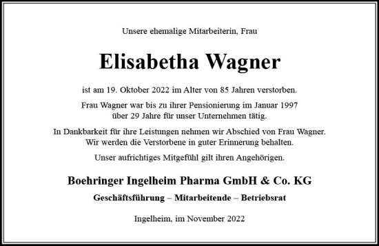 Traueranzeige von Elisabetha Wagner von vrm-trauer Allgemeine  Zeitung Ingelheim-Bingen