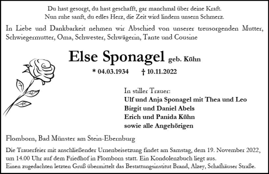 Traueranzeige von Else Sponagel von vrm-trauer Allgemeine Zeitung Alzey Traueranzeige von Else Sponagel von vrm-trauer Allgemeine Zeitung Alzey