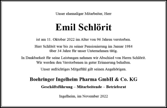 Traueranzeige von Emil Schlörit von vrm-trauer Allgemeine  Zeitung Ingelheim-Bingen