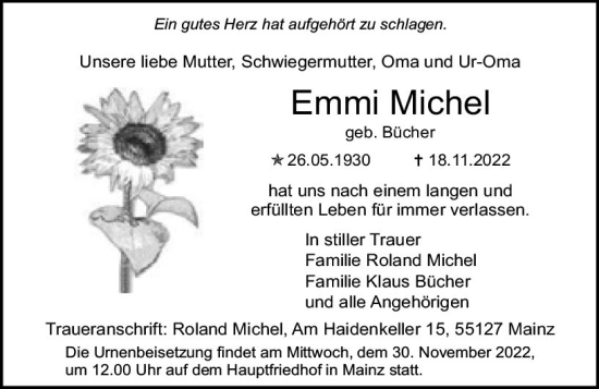 Traueranzeige von Emmi Michel von vrm-trauer AZ Mainz