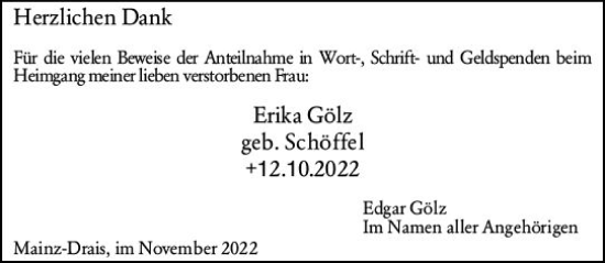 Traueranzeige von Erika Gölz von vrm-trauer AZ Mainz