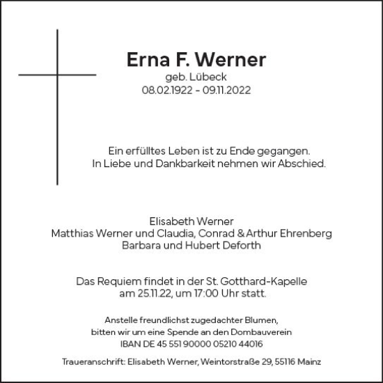 Traueranzeige von Erna F. Werner von vrm-trauer AZ Mainz