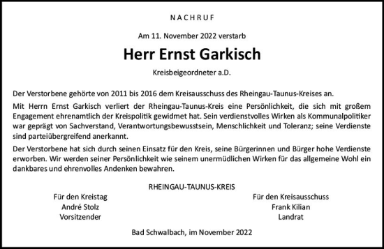Traueranzeige von Ernst Garkisch von vrm-trauer Idsteiner Zeitung