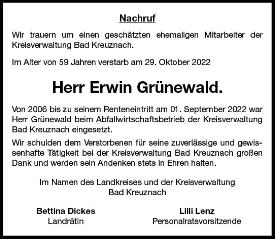 Traueranzeige von Erwin Grünewald von vrm-trauer Allg. Zeitung Bad Kreuznach