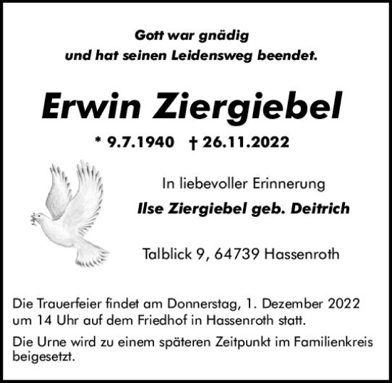 Traueranzeige von Erwin Ziergiebel von vrm-trauer Odenwälder Echo