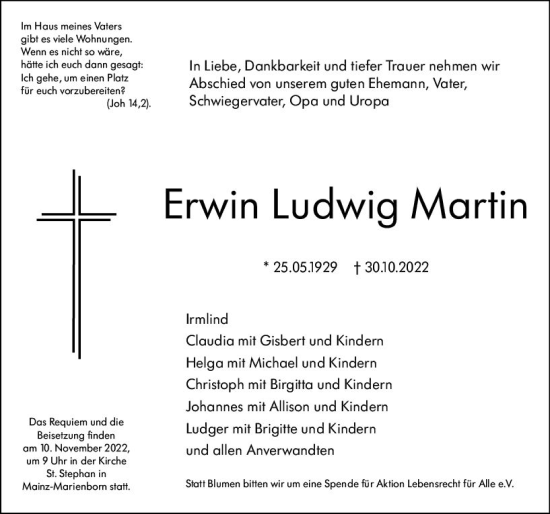 Traueranzeige von Erwin Ludwig Martin von vrm-trauer AZ Mainz