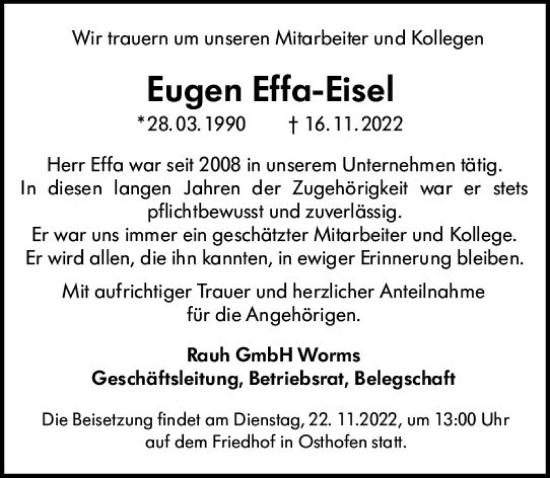 Traueranzeige von Eugen Effa-Eisel von vrm-trauer Allgemeine Zeitung Alzey