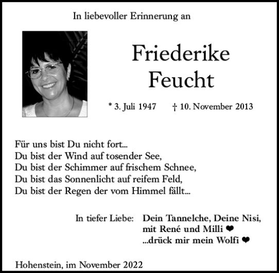 Traueranzeige von Friederike Feucht von vrm-trauer WK-UTA Traueranzeige von Friederike Feucht von vrm-trauer WK-UTA