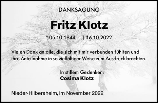 Traueranzeige von Fritz Klotz von vrm-trauer Allgemeine  Zeitung Ingelheim-Bingen