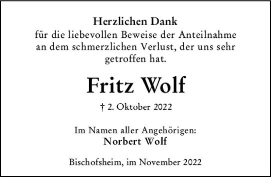 Traueranzeige von Fritz Wolf von vrm-trauer Wiesbadener Kurier