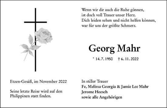 Traueranzeige von Georg Mahr von vrm-trauer Odenwälder Echo