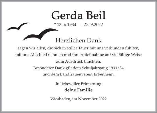 Traueranzeige von Gerda Beil von vrm-trauer Wiesbadener Kurier