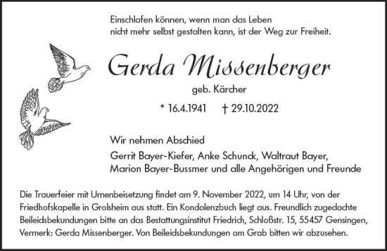 Traueranzeige von Gerda Missenberger von vrm-trauer Allgemeine  Zeitung Ingelheim-Bingen