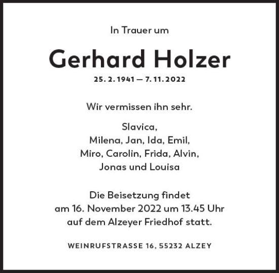 Traueranzeige von Gerhard Holzer von vrm-trauer Allgemeine Zeitung Alzey