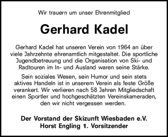 Traueranzeige von Gerhard Kadel von vrm-trauer Wiesbadener Kurier