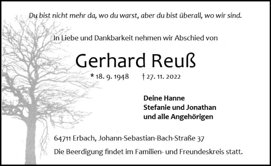 Traueranzeige von Gerhard Reuß von vrm-trauer Odenwälder Echo