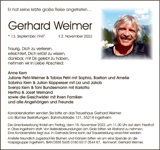 Traueranzeige von Gerhard Weimer von vrm-trauer Allgemeine  Zeitung Ingelheim-Bingen