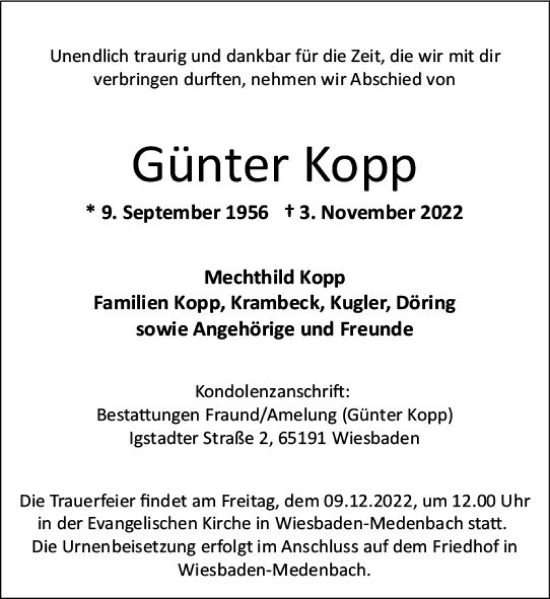 Traueranzeige von Günter Kopp von vrm-trauer Wiesbadener Kurier