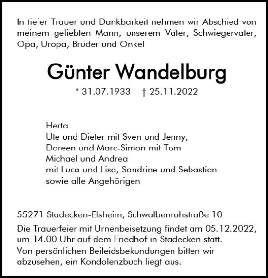 Traueranzeige von Günter Wandelburg von vrm-trauer AZ Mainz