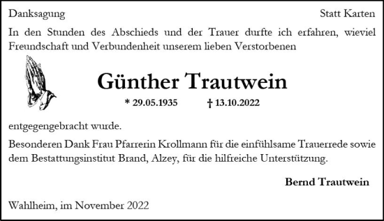 Traueranzeige von Günther Trautwein von vrm-trauer Allgemeine Zeitung Alzey