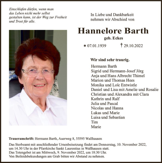Traueranzeige von Hannelore Barth von vrm-trauer Allg. Zeitung Bad Kreuznach