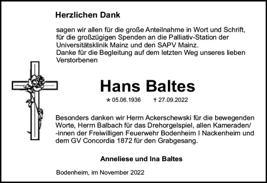 Traueranzeige von Hans Baltes von vrm-trauer AZ Mainz
