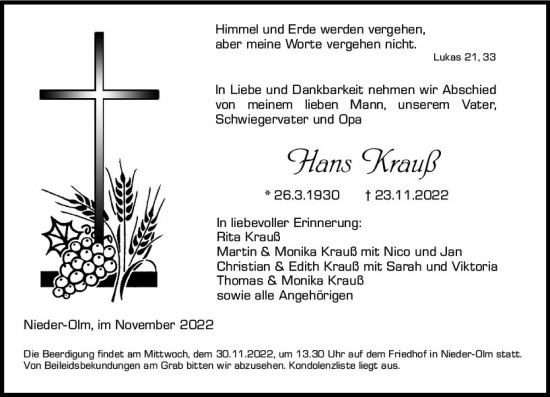 Traueranzeige von Hans Krauß von vrm-trauer AZ Mainz