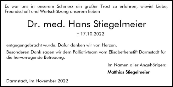 Traueranzeige von Hans Stiegelmeier von vrm-trauer Darmstädter Echo