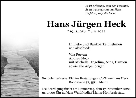 Traueranzeige von Hans Jürgen Heck von vrm-trauer AZ Mainz