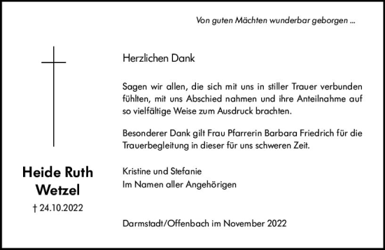 Traueranzeige von Heide Ruth Wetzel von vrm-trauer Darmstädter Echo