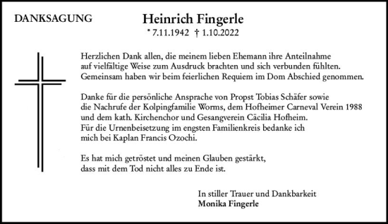 Traueranzeige von Heinrich Fingerle von vrm-trauer Wormser Zeitung