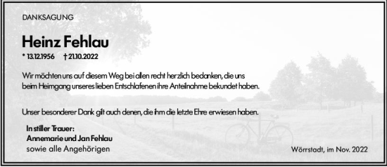 Traueranzeige von Heinz Fehlau von vrm-trauer Allgemeine Zeitung Alzey