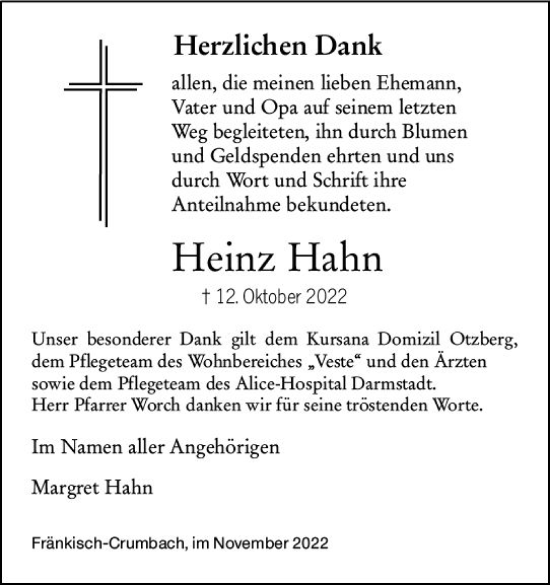 Traueranzeige von Heinz Hahn von vrm-trauer Odenwälder Echo