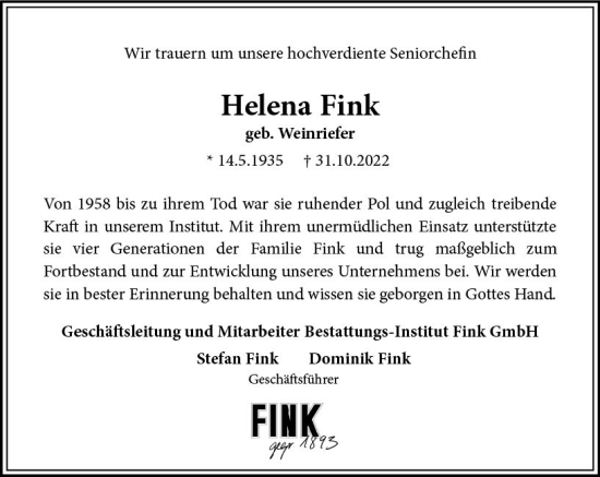 Traueranzeige von Helena Fink von vrm-trauer Wiesbadener Kurier