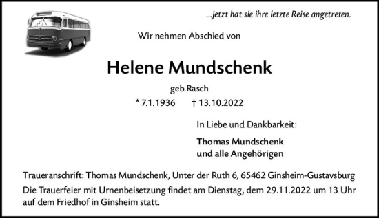 Traueranzeige von Helene Mundschenk von vrm-trauer Rüsselsheimer Echo / MainSpitze