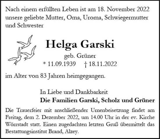 Traueranzeige von Helga Garski von vrm-trauer Allgemeine Zeitung Alzey