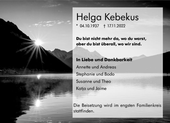 Traueranzeige von Helga Kebekus von vrm-trauer Darmstädter Echo