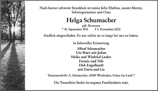 Traueranzeige von Helga Schumacher von vrm-trauer Wiesbadener Kurier