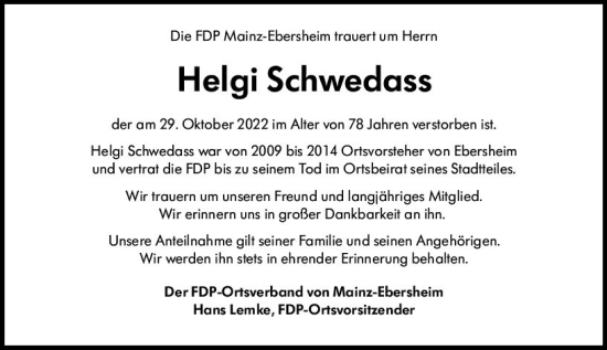 Traueranzeige von Helgi Schwedass von vrm-trauer AZ Mainz