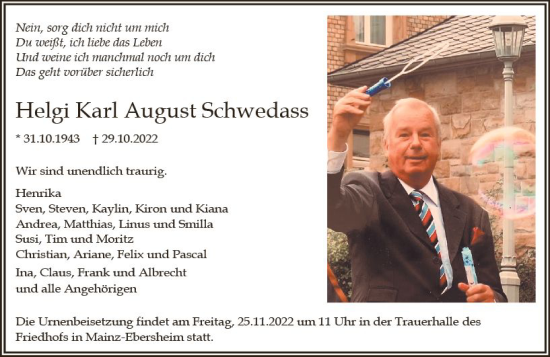 Traueranzeige von Helgi Karl August Schwedass von vrm-trauer AZ Mainz