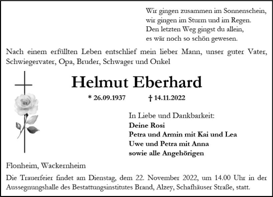 Traueranzeige von Helmut Eberhard von vrm-trauer Allgemeine Zeitung Alzey