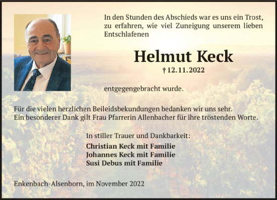 Traueranzeige von Helmut Keck von vrm-trauer Wormser Zeitung