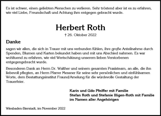 Traueranzeige von Herbert Roth von vrm-trauer Wiesbadener Kurier