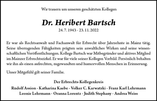 Traueranzeige von Heribert Bartsch von vrm-trauer AZ Mainz