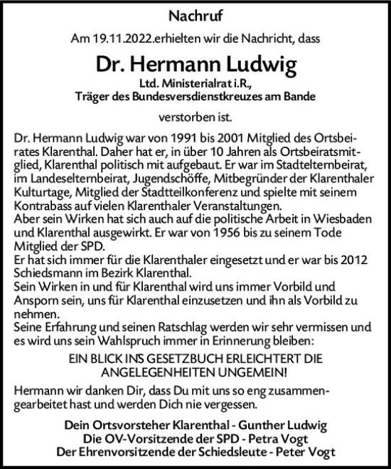 Traueranzeige von Hermann Ludwig von vrm-trauer Wiesbadener Kurier