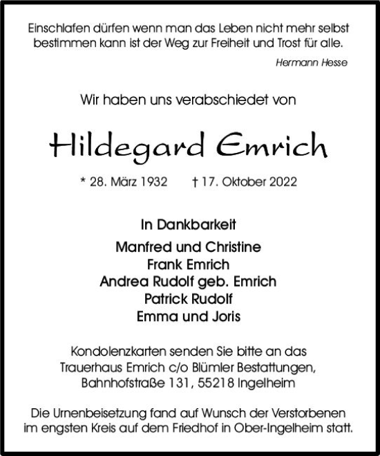 Traueranzeige von Hildegard Emrich von vrm-trauer Allgemeine  Zeitung Ingelheim-Bingen